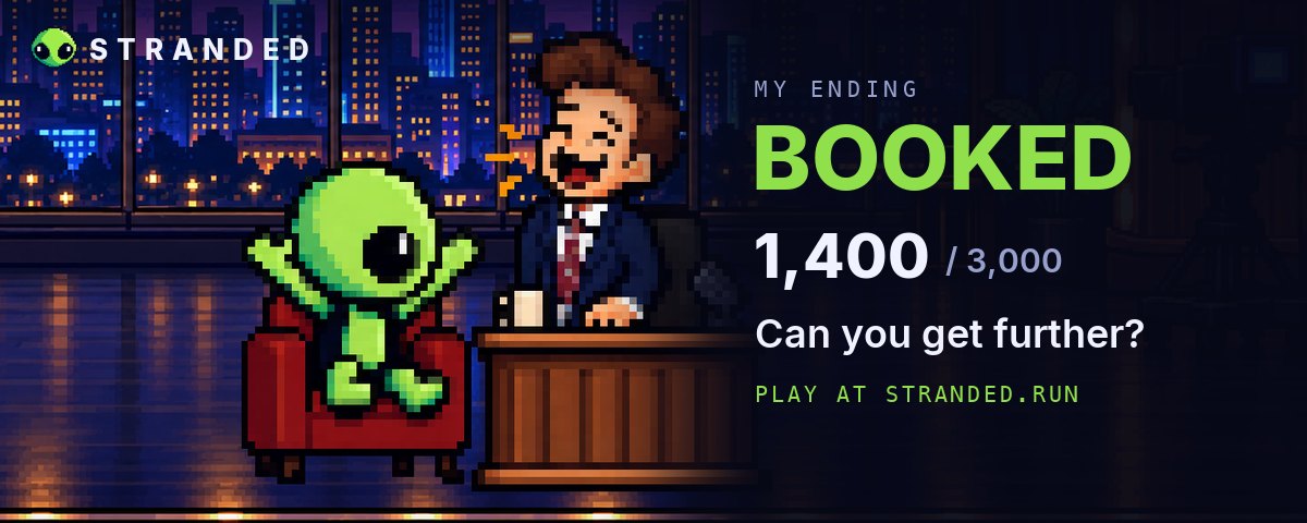 The BOOKED ending of STRANDED: the alien as a guest on a late-night talk show, the host laughing