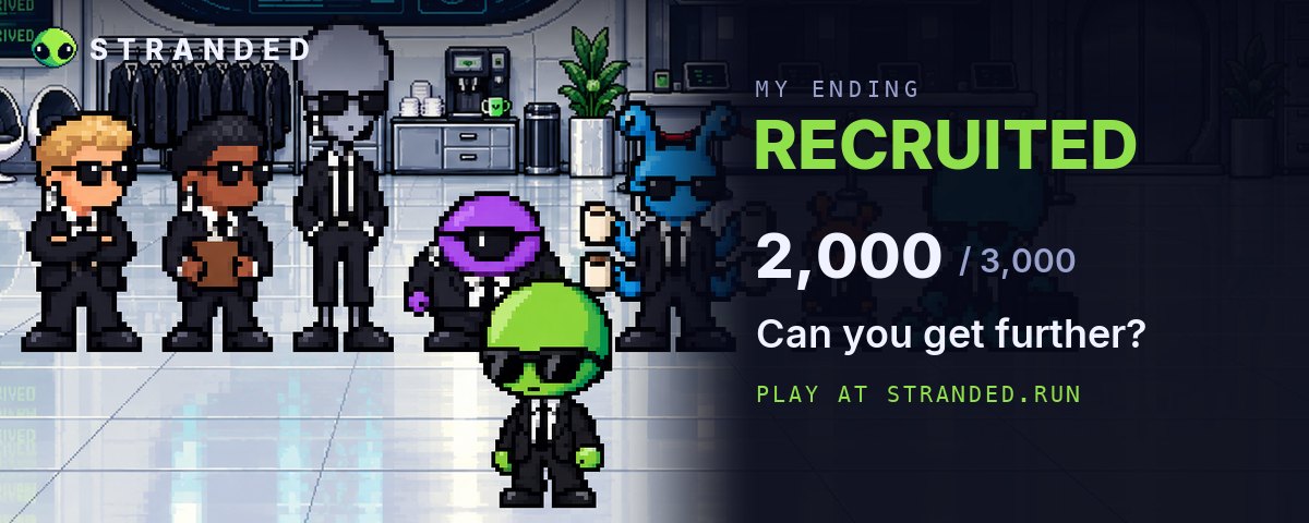 The RECRUITED ending of STRANDED: the alien in a black suit and sunglasses in front of a line of secret agents