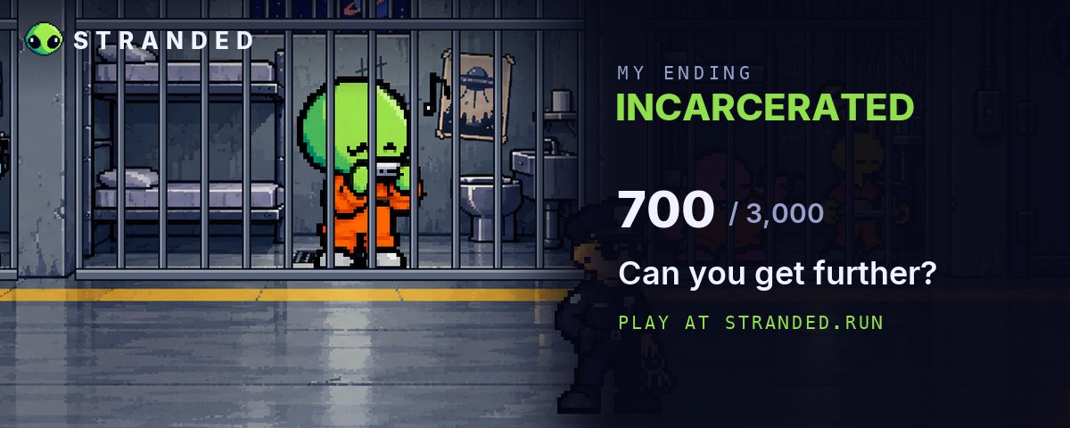 The INCARCERATED ending of STRANDED: the alien in an orange jumpsuit behind bars, playing a harmonica