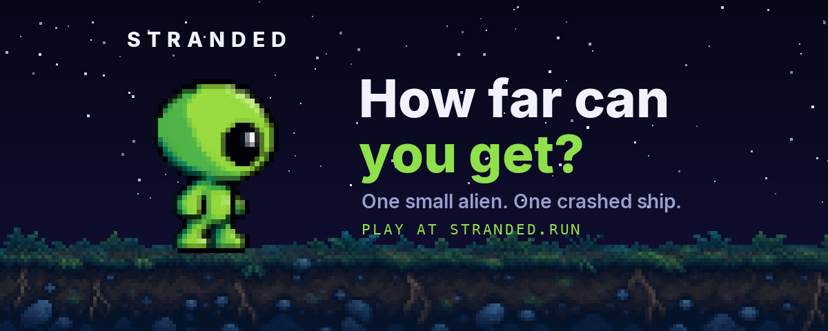 The STRANDED title scene: a small green alien standing in the woods at night beside his crashed ship